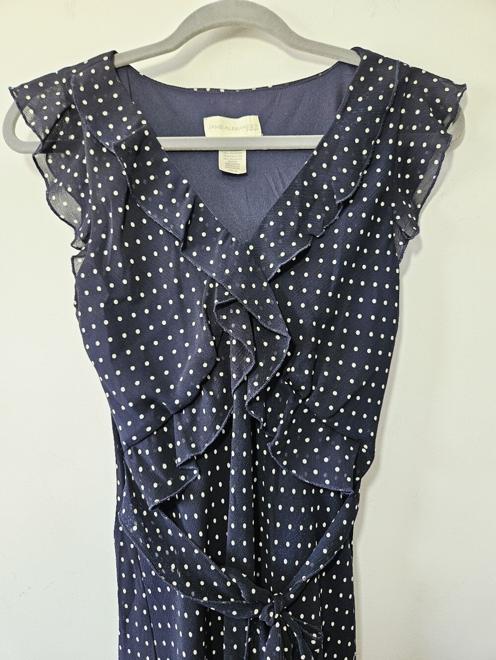 Y2K Jane Alexander Polka Dot Midi Dress Size 10 Flutter Sleeve Ruffle Tie Waist - Picture 5 of 6